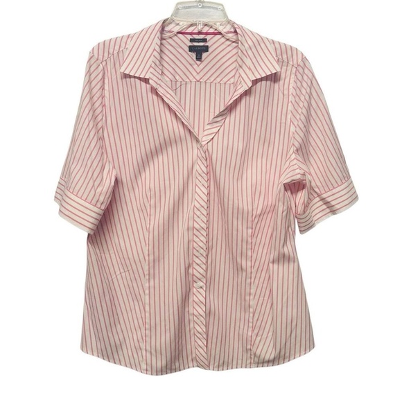 Talbots Tops - Talbots White & Pink Stripes Short Sleeve Button Collar Shirt Sz 16  runs small